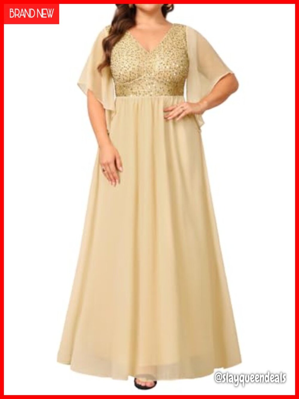 Plus Size Formal Evening Gown Sequin Cape Sleeve Prom Dress